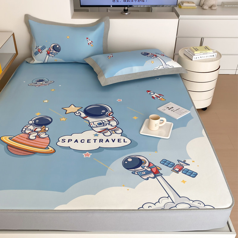 可爱卡通冰丝席床笠款凉席三件套夏季可水洗儿童席子可折叠空调席