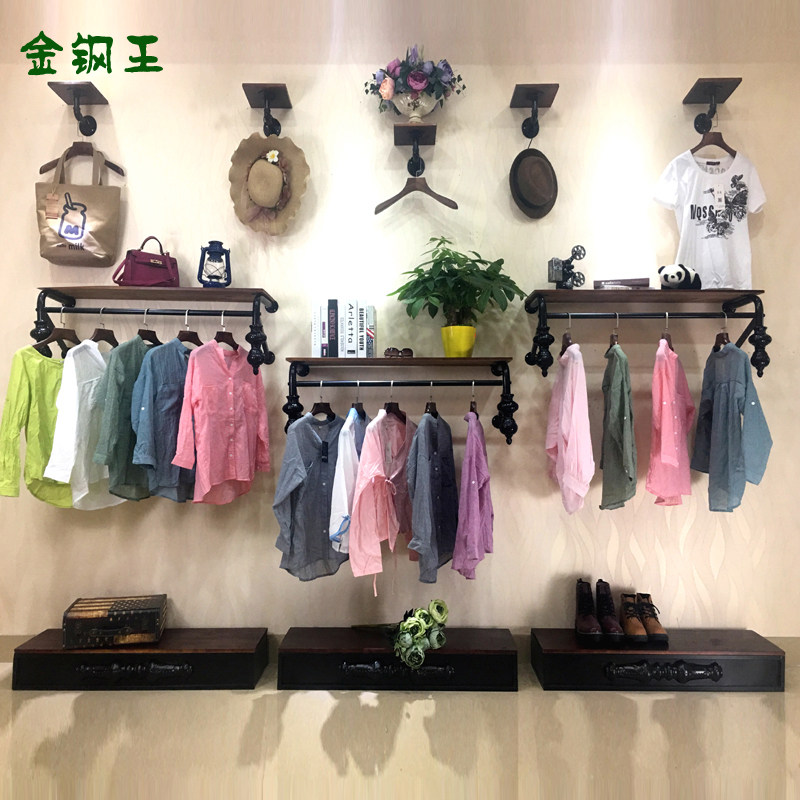欧式壁挂服装店展示架上墙女装店货架衣帽架挂衣服的架子复古实木