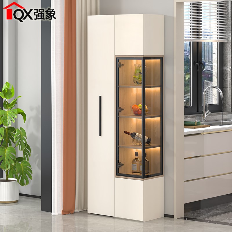 奶油风餐边柜酒柜一体靠墙玻璃门角柜墙角柜展示柜家用夹缝柜S39