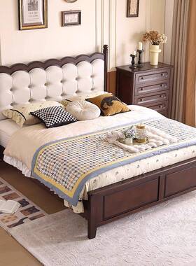 美式实木床黑色床1.8M双人床现代简约复古法式大床轻奢主卧婚床