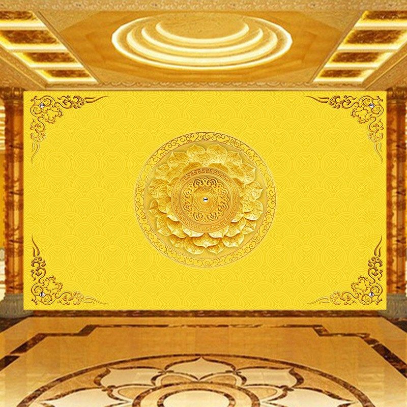 中式花纹图案佛堂背景墙纸圆圈祥云立体莲花瓣天花板装饰吊顶壁画