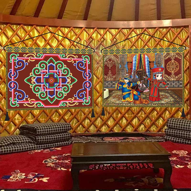 民宿客栈蒙古族人物花纹布艺装饰画客房内饰挂画挂布软装装饰布