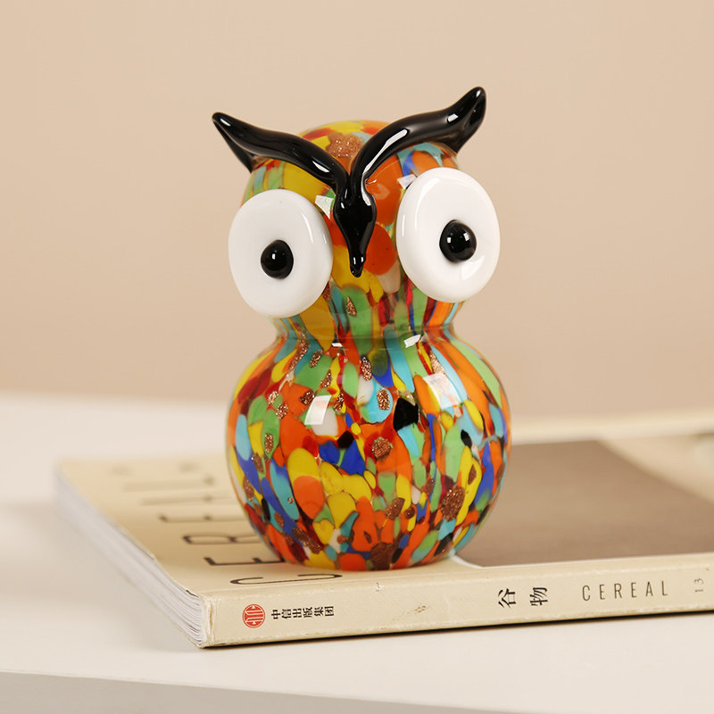 艺术琉璃彩色猫头鹰可爱动物摆件设计师款客厅酒柜样板房桌面装饰