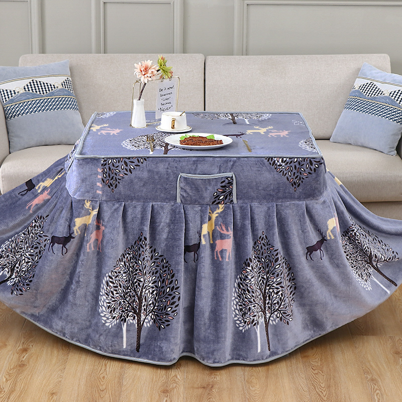 冬季新款正方形法兰绒裙摆电炉罩面绒烤火桌子罩暖桌罩茶几罩