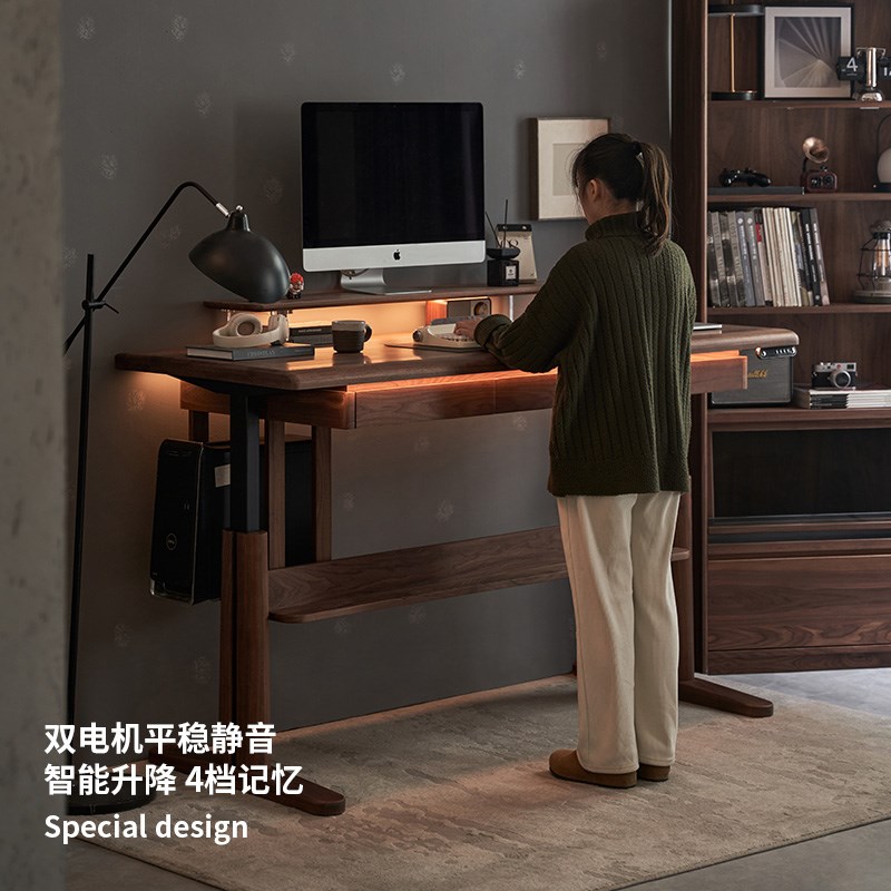 电动升降桌家用实木书桌简约现代黑胡桃木电脑桌办公学习工作台