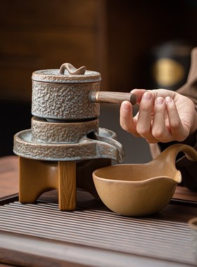 新款懒人全自动陶瓷泡茶壶功夫茶具套装家用复古石磨防烫竹木茶盘