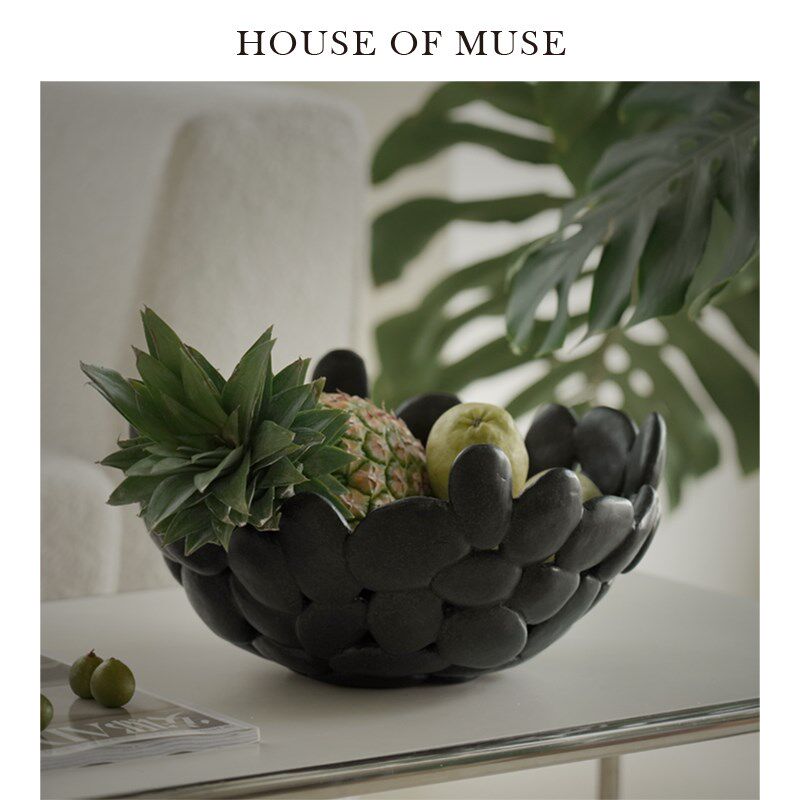 缪斯家  黑珍珠鹅卵石镂空大果盘水果蔬菜篮子客厅树脂复古果盘