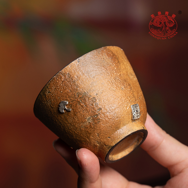 龙泉青瓷茶杯手工陶瓷功夫茶具锔瓷茶盏品茗杯主人杯单杯锔钉杯