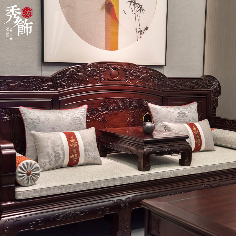 中式红木沙发坐垫套古典麻布罗汉床垫子加厚飘窗垫四季通用定制