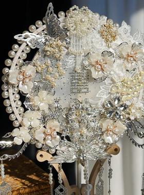 团色扇新娘结婚di材ATT料包粉色蓝色银中式送礼新龙凤y褂喜扇子成