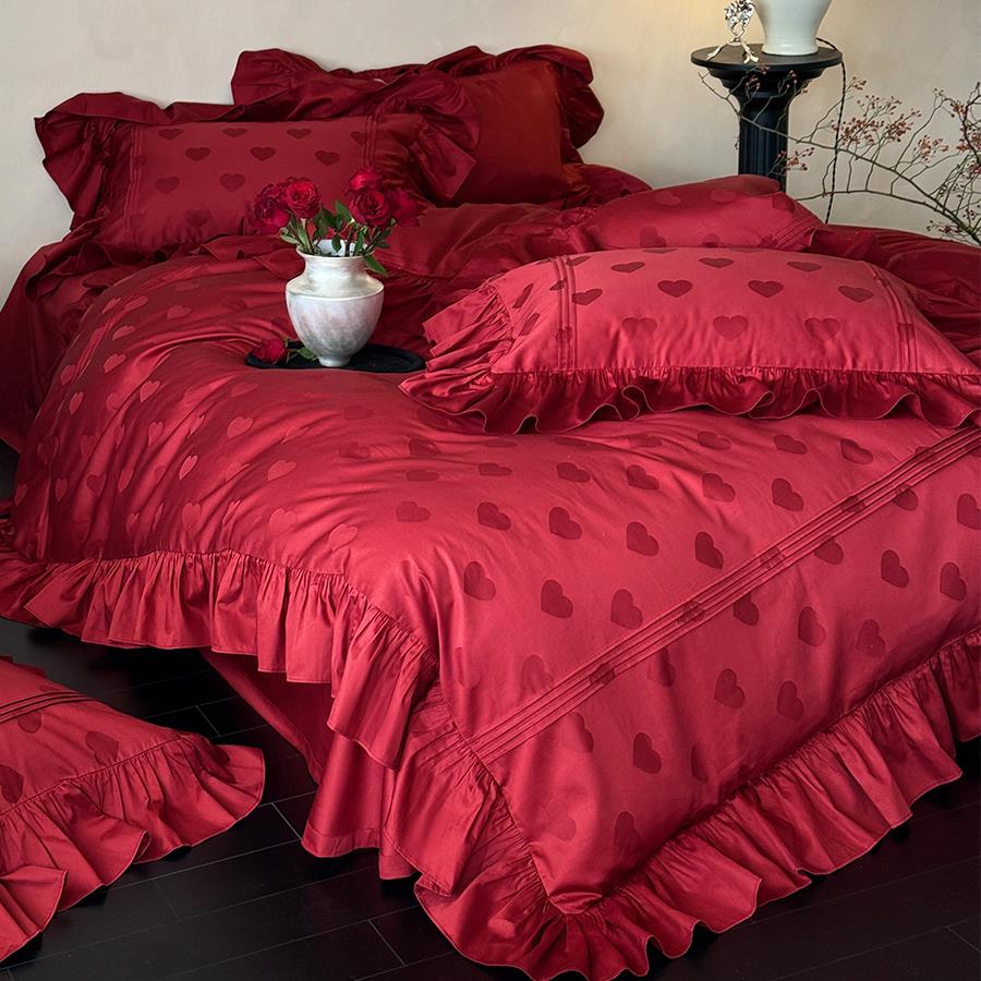 式法花边爱提花新婚心庆件套红色全棉浪漫少女结婚被套四床单QK床