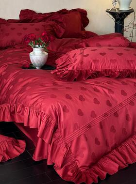 式法花边爱提花新婚心庆件套红色全棉浪漫少女结婚被套四床单QK床