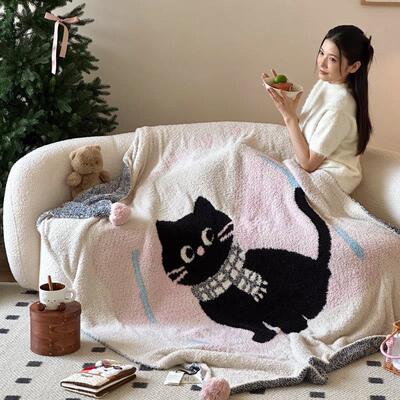【花脸猫】猫猫的梦想！秋冬少女心轻奢高端毛球款半边绒针织毛毯