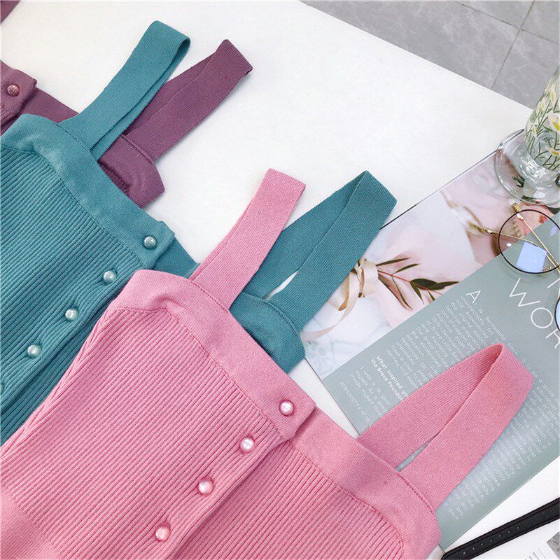 2022秋冬季新款复古港味方领打底背心吊带连衣裙修身针织包臀长裙