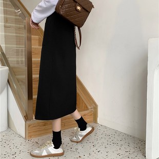 黑色中长款半身裙女秋季2021新款大码显瘦遮胯裙高腰开叉a字长裙