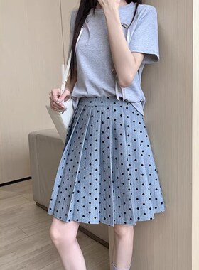 大码复古灰色波点百褶裙女春夏中长款半身裙高腰显瘦防走光a字裙