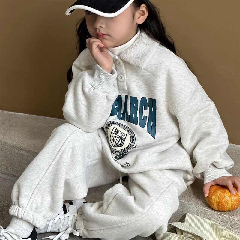 女童加绒卫衣套装2023冬装新款儿童秋冬款加厚羊羔绒大童休闲衣服