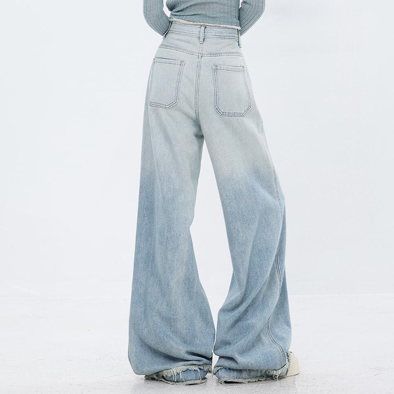 300斤大码胖mm美式个性渐变色牛仔裤女夏季显瘦宽松女装阔腿裤子