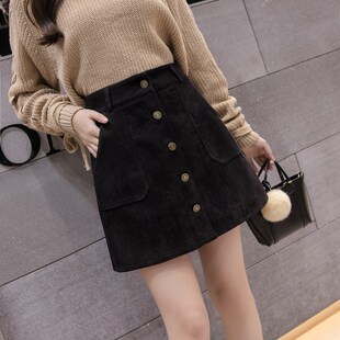 灯芯绒半身裙女秋冬a字高腰复古条绒短裙气质显瘦排扣包臀a字裙
