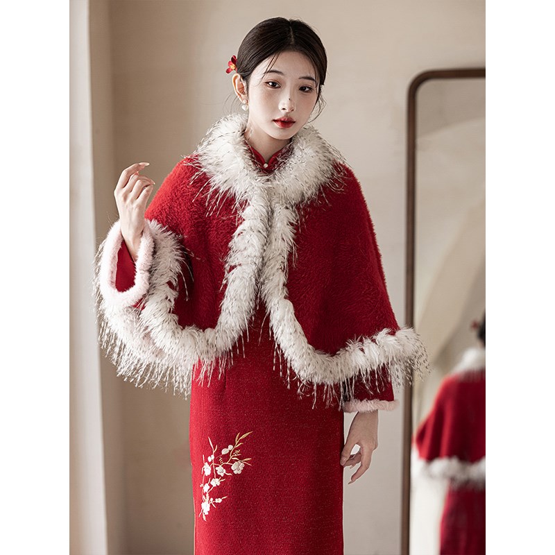 红色敬酒服旗袍毛披肩新娘披风结婚婚礼外搭斗篷外套加绒加厚冬季