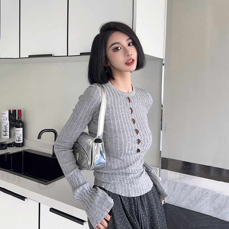 浅布调高个子春秋镂空加长袖针织衫羊毛薄软修身显瘦打底衫上衣女