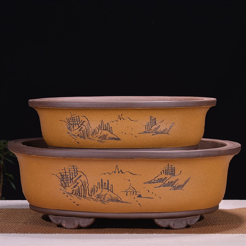 宜兴紫砂花盆特大椭圆形盆景盆马槽盆榕树盆种菜盆陶瓷花盆老桩盆