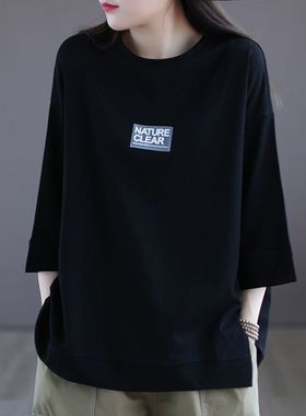 七分袖紫色t恤女时尚贴标短袖打底衫休闲宽松大码女装春夏季上衣