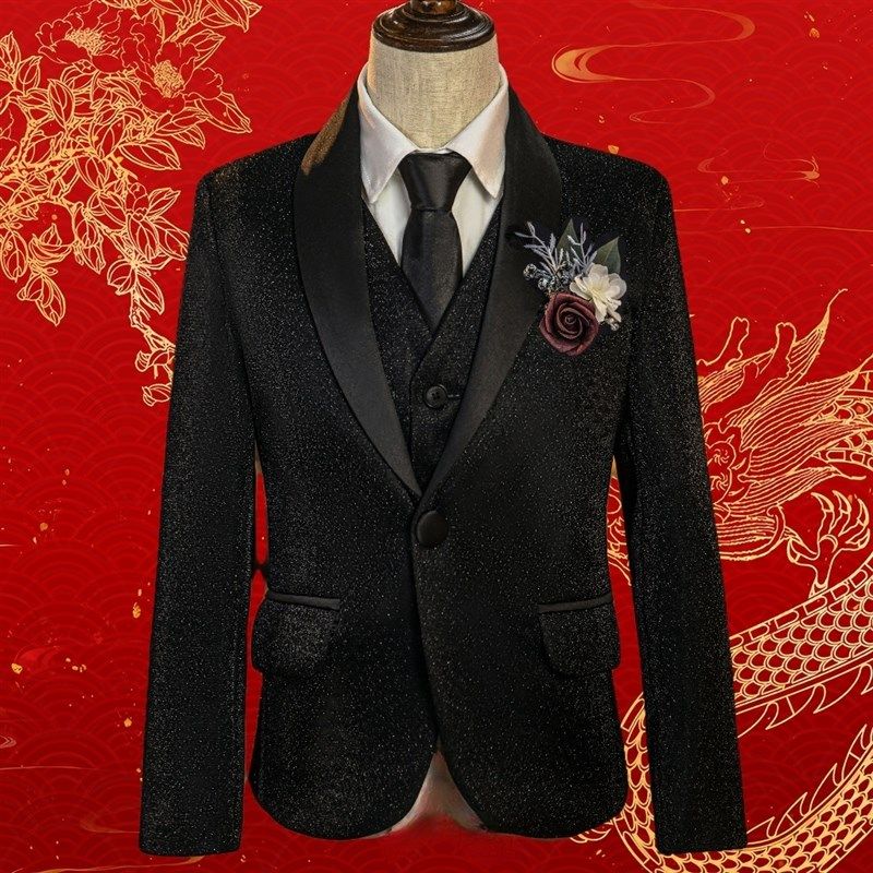 新年儿童红色亮片西装套装男童元旦晚会主持人礼服舞台走秀演出服
