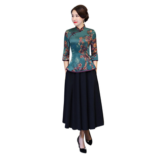 旗袍改良版连衣裙复古中国风民国上衣中长袖新式旗袍两件套长款女