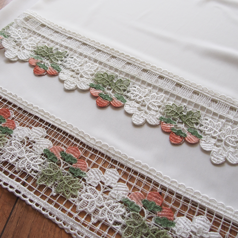 北欧田园半帘门帘免打孔短帘柜帘厨帘半遮雪纺纱草莓水溶边3色入