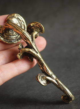 复古实心纯黄铜办公桌面车载小摆件灵芝人参随身工艺礼品摆饰手把