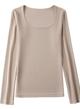 纯棉打底衫女早秋新款洋气U领长袖t恤修身内搭大领口方领白色上衣