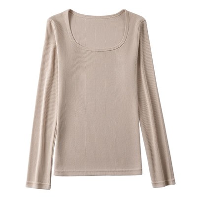 纯棉打底衫女早秋新款洋气U领长袖t恤修身内搭大领口方领白色上衣