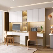 双人书桌书柜一体组合书架儿童学习写字电脑桌家居定制法式 奶油风