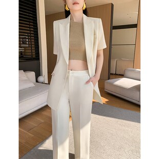 白色小西装套装女2025新款夏季薄款高级感职业阔腿裤休闲西服外套