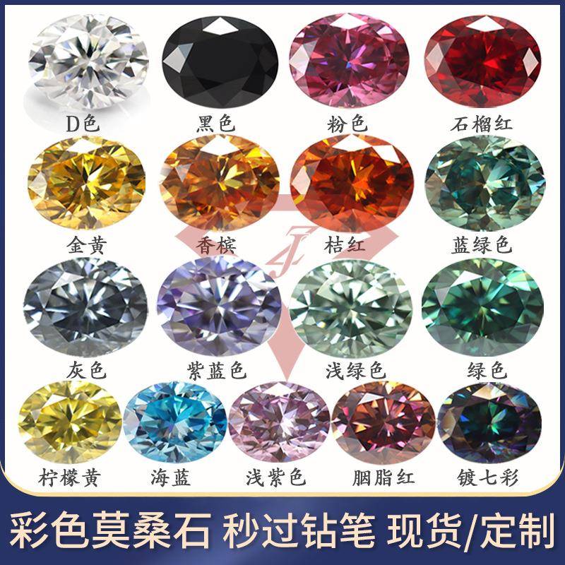 椭圆形彩色莫桑石裸石戒面 红黄蓝紫海蓝粉色莫桑石电商直播