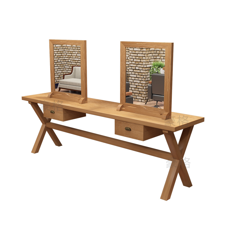 理发店镜台实木复古单面镜子美发镜台落地式面带灯发廊烫染专用