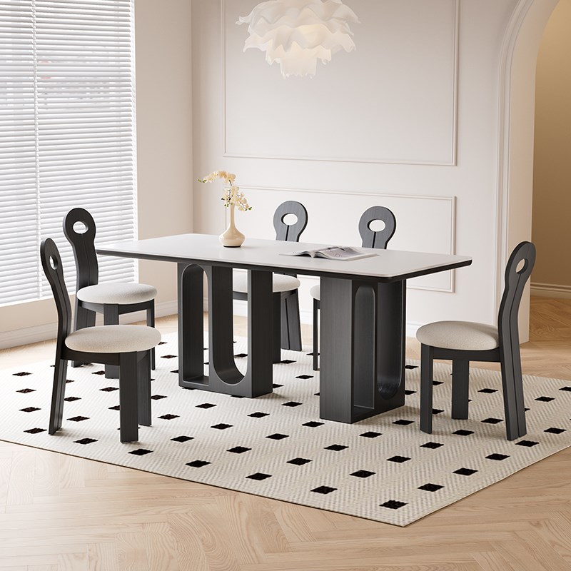 意式岩板餐桌家用小户型设计师新款饭桌椅法式复古风黑色实木餐桌