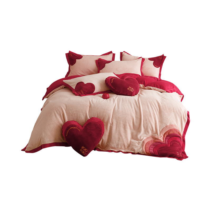 少女心婚庆秋冬加厚面四件爱心刺绣被结婚床上用品