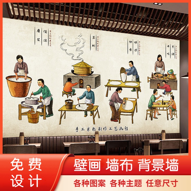 传统手工米粉制作流程图复古墙纸过桥桂林米线酸辣粉餐馆壁画装饰