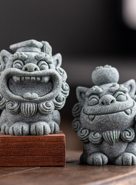 创意潮流博才石狮子一对茶宠摆件可爱风狮爷吉祥物鱼缸造景装饰品