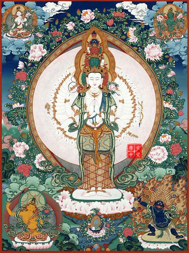 独家千手观音菩萨唐卡西藏热贡手绘印刷复制家居客厅装饰挂画
