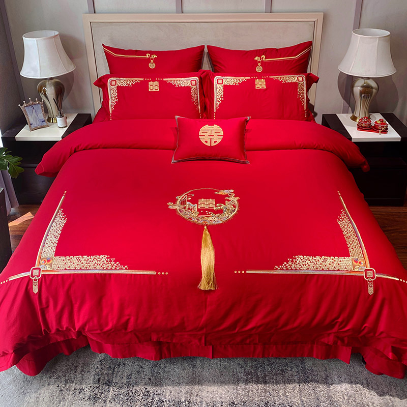 恒洽家纺婚庆全棉牀单牀盖四件100支刺绣结婚大红色被牀上用品
