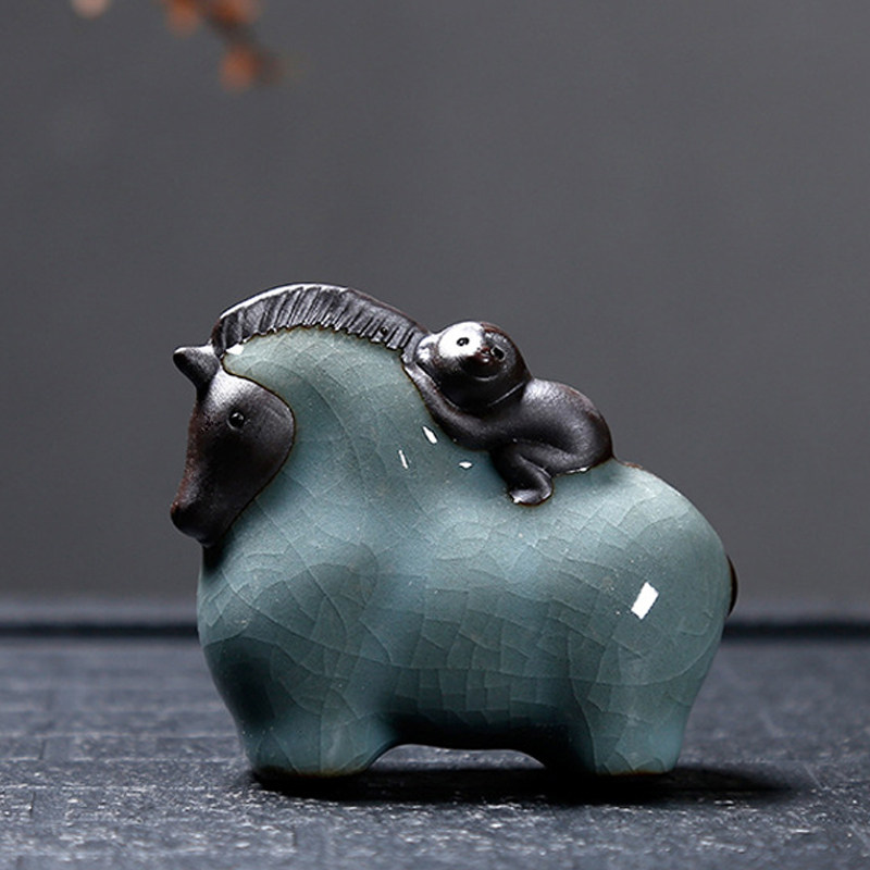 马上封侯拜相茶宠摆件陶瓷礼品大象猴子汝窑青瓷茶玩可养可爱招财