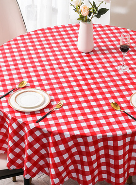 餐厅小圆桌布防水防油防烫免洗酒店台布红色格子餐桌垫茶几布艺