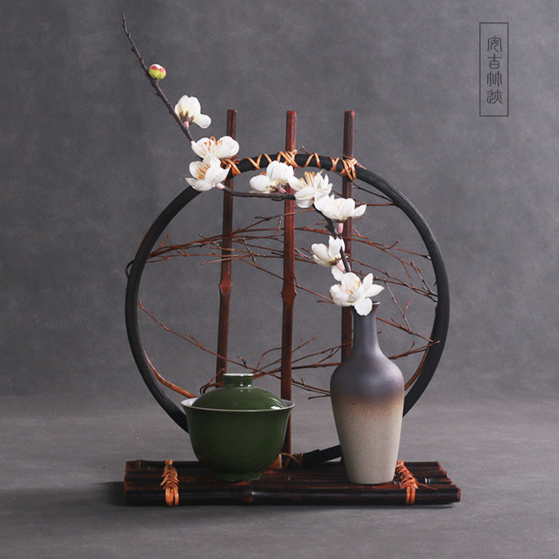 竹迹手工花器复古茶台摆件茶桌装饰花艺表演插花底座首饰展示架