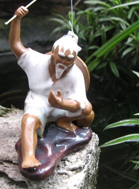 陶瓷钓鱼翁姜大公摆件假山盆景水族鱼缸上水石头流水喷泉装饰摆件