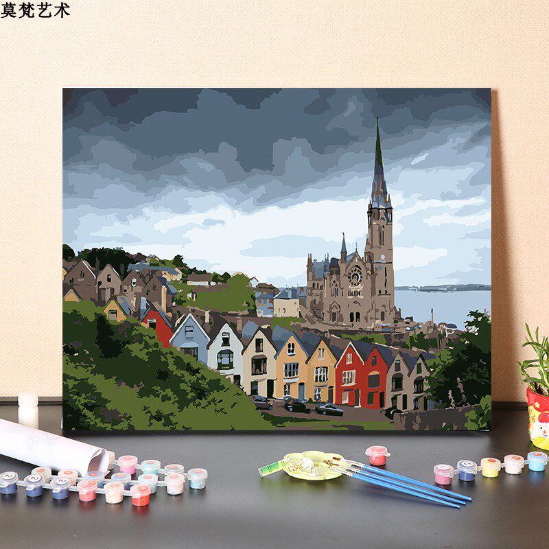 数字油画diy填充手工暴风雨下的欧洲城市手绘填色涂色丙烯油彩画