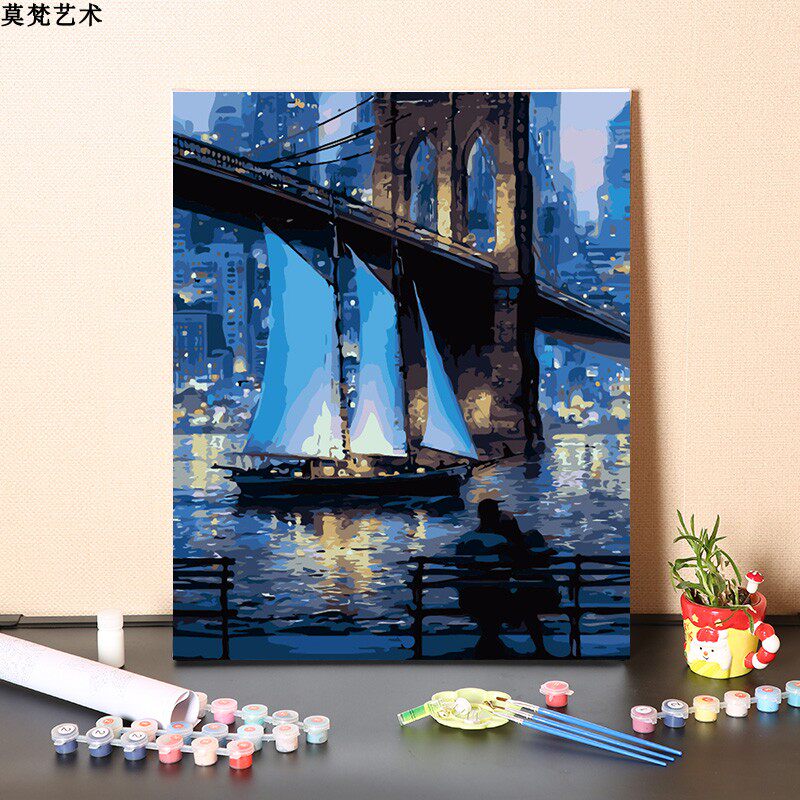 数字油画diy填充手工填色纽约布鲁克林大桥手绘风景油彩丙烯画画