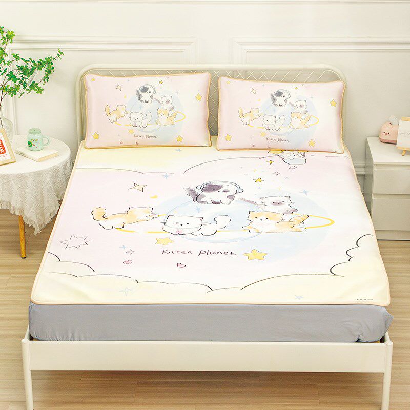 卡通可爱少女心猫咪宿舍单双人冰丝席三件套夏季凉感席子机洗凉席